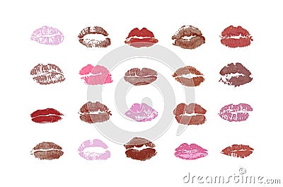 Collection 0f twenty lip stamps with different colours of lipstick Vector Illustration